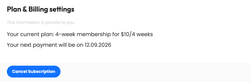 Plan & Billing settings with the ‘Cancel Subscription’ button
