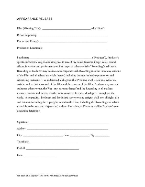 Appearance Release for Film Production and Usage