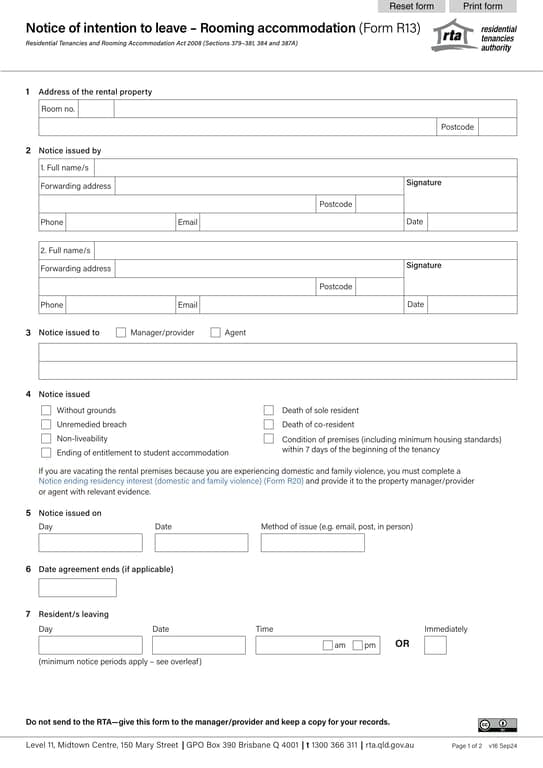AU RTA 13 - Notice of Intention to Leave Rooming Accommodation in Queensland
