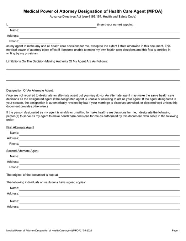 Medical Power of Attorney Designation of Health Care Agent MPOA