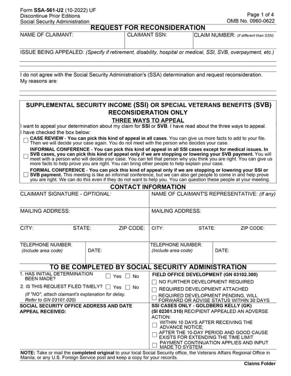 SSA-561-U2 – Request for Social Security Reconsideration
