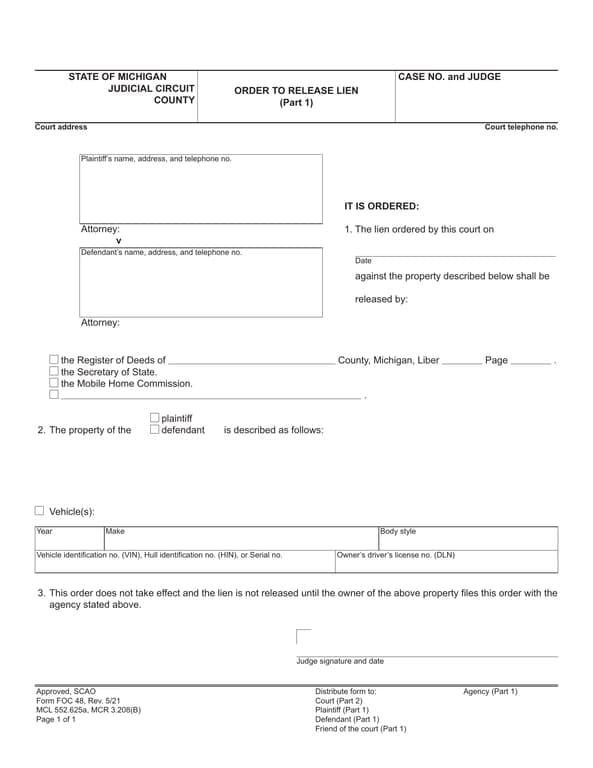 Michigan Judicial Circuit's Order to Release Lien - Form FOC 48