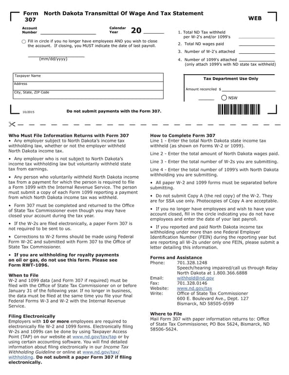 North Dakota Wage and Tax Statement 307 Transmittal