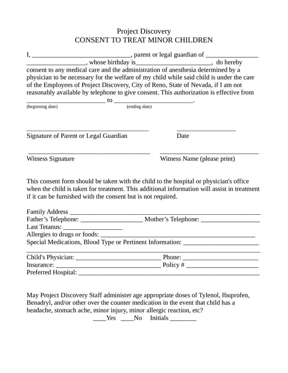 Project Discovery Minor Child Medical Treatment Consent Form