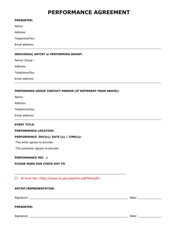 Individual Artist Performance Agreement - Contractual Details and W-9 Submission
