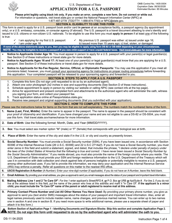 DS-11 Application for a U.S. Passport