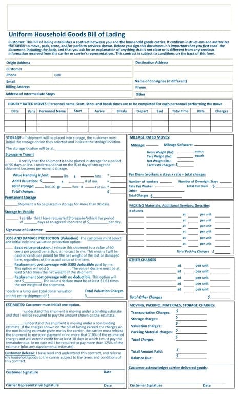 Washington Straight Bill of Lading - Binding and Non-Binding Moving Estimates with Goods Storage Clauses