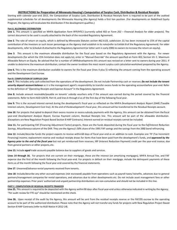 Minnesota Housing Surplus Cash Computation and Distribution Receipts - MHFA RFP/HTC1