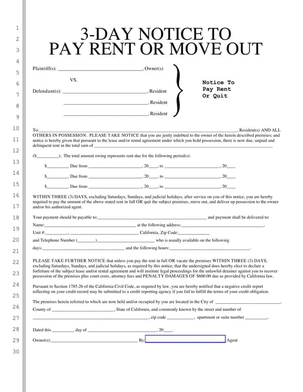 California 3-Day Rent Payment Notice Summary