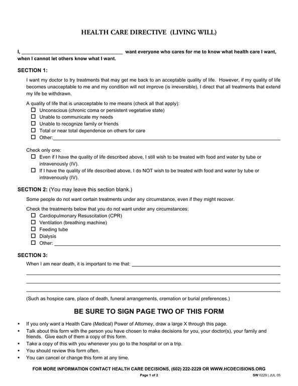 SW 0229 Health Care Directive - Specify Your Personal Health Care Preferences