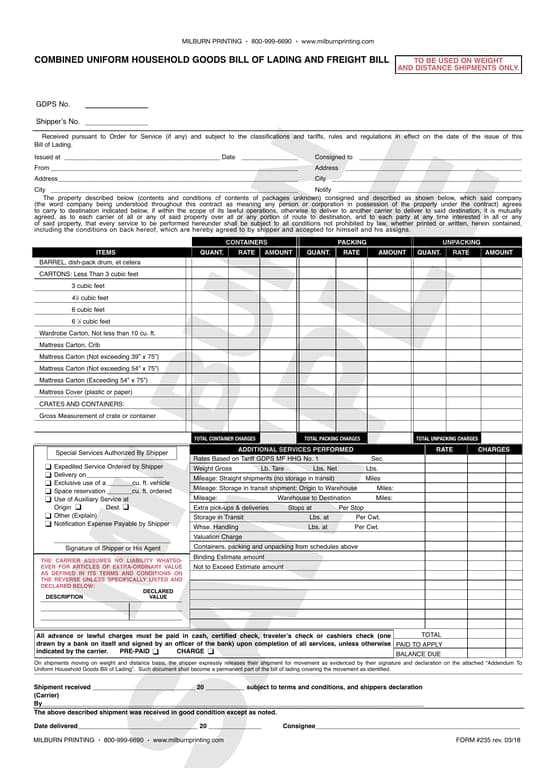 Georgia Household Goods Transportation Agreement Details - Bill of Lading
