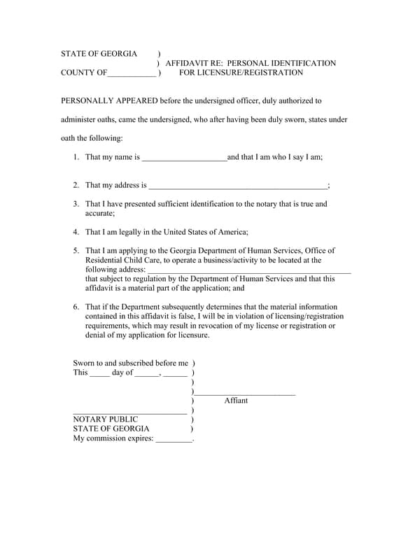 Georgia Personal Identification Affidavit for Licensure Registration