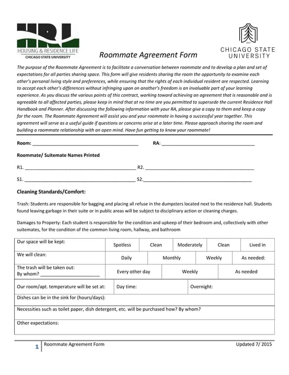 2015 Roommate Agreement for Harmonious Living in Residence Halls