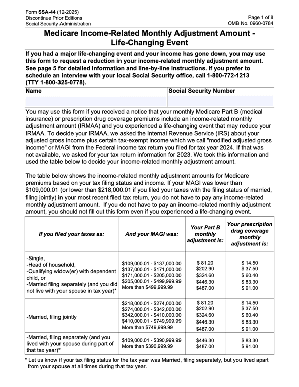Social Security Administration SSA-44 for Revised Medicare Premiums after Major Life Events