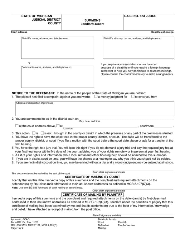 Michigan Judicial District Landlord-Tenant Summons DC 104