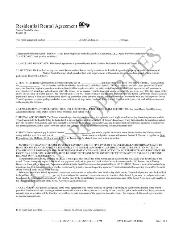 South Carolina Residential Rental Agreement - Scott Properties