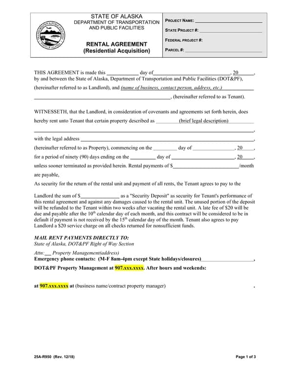 Alaska State 25A-R950 Residential Acquisition Rental Agreement Basics