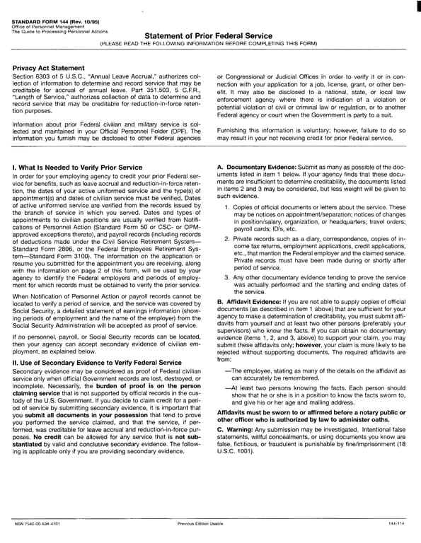 Standard Form 144 - Statement of Prior Federal Service Overview