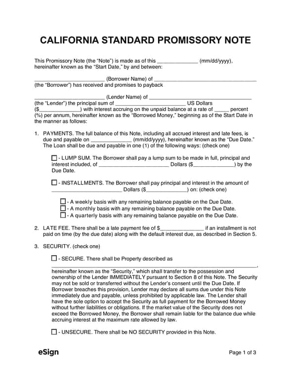 California Standard Promissory Note Defined Repayment Methods and Consequences