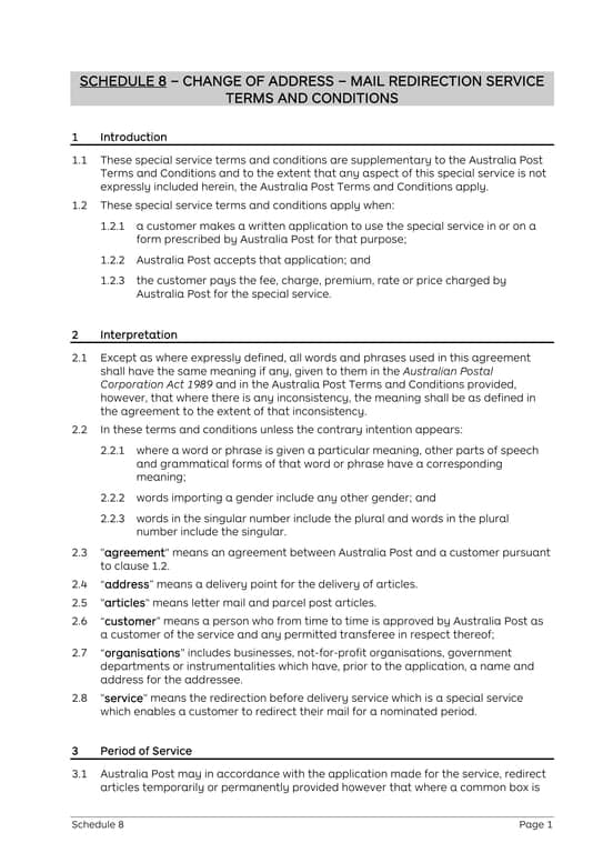 Schedule 8 - Australia Post Mail Redirection Service Application